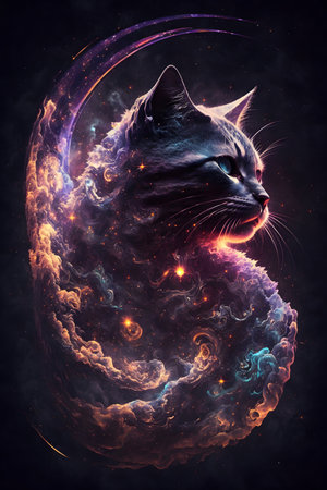 Mystical black cat in space. Fantasy fractal illustration.の素材