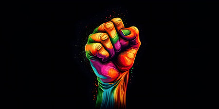 Fist of a man with multi-colored paint on a black backgroundの素材