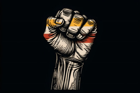 Flag of Seychelles painted on male fist, strength,power,concept of conflict.の素材