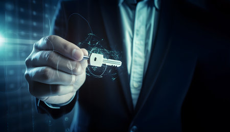 Close up of businessman hand holding key on dark background. security conceptの素材