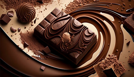 3d rendering of chocolate bar and chocolate swirls in chocolate backgroundの素材