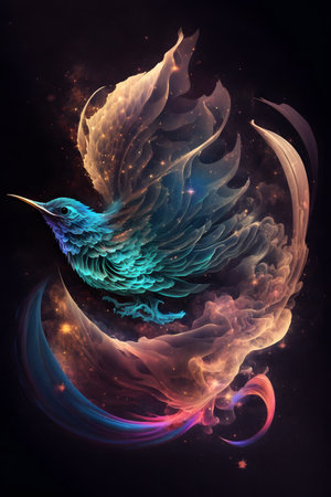 Colorful bird in cosmic space. fantasy fractal art. 3D rendering.の素材