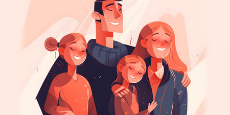 Group of happy young people in casual clothes standing together and smiling. Vector illustration.の素材