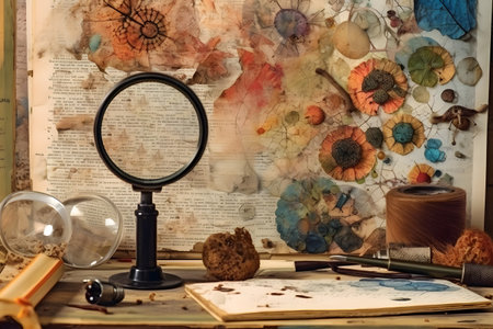 Vintage still life with magnifying glass and old books on wooden tableの素材