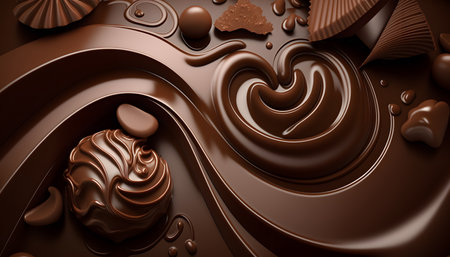 Chocolate swirls and chocolate candies background. 3d renderingの素材