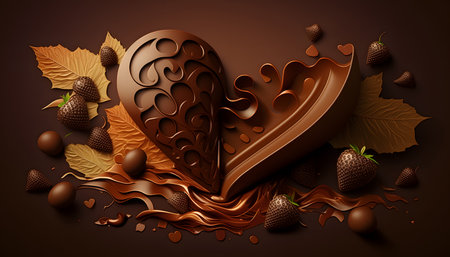 Chocolate background with strawberries and chocolate swirls. Vector illustration.の素材