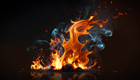 Fire flames on black background. 3d illustration. Place for your text.の素材