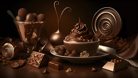 Chocolate desserts on dark background, 3d rendering. Computer digital drawing.の素材