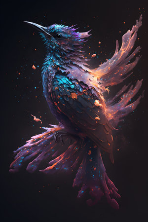 Digital painting of a bird with colorful paint splashes on a black backgroundの素材