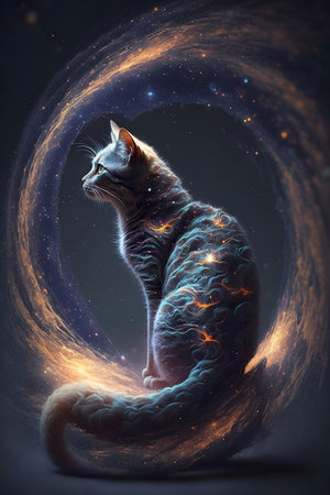 Beautiful cat in space, conceptual image. 3D rendering.の素材