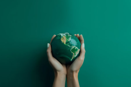 Female hands holding a green earth globe on a green background. Save the planet conceptの素材