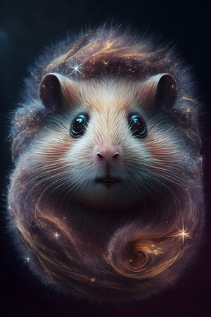 Portrait of a cute little hamster on a cosmic background.の素材