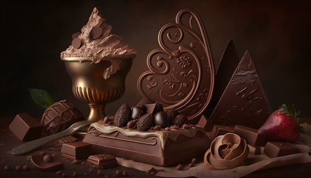 Chocolate sweets and cup of coffee on dark background. 3d renderingの素材
