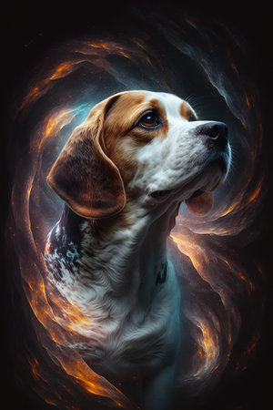 Portrait of a beagle dog with fire effect on a black backgroundの素材