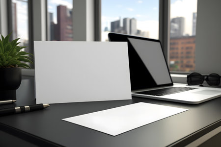 Laptop and office supplies on a black table. 3d rendering.の素材