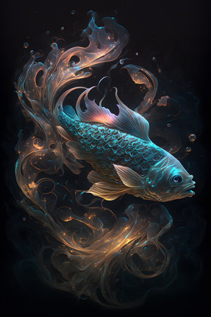 Koi fish in a blue water with a pattern of fire.の素材