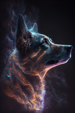 Portrait of a German shepherd dog with fire flames in the backgroundの素材