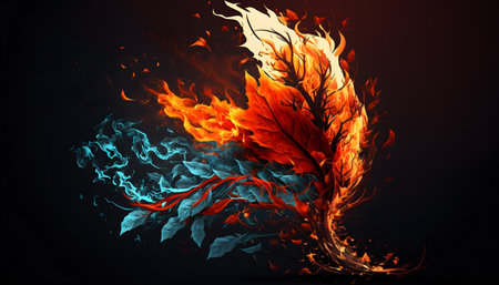 Flaming autumn leaves on a black background. 3D renderingの素材