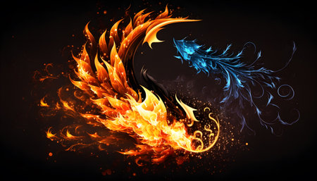 Flaming fire with feathers on black background. Vector illustration.の素材