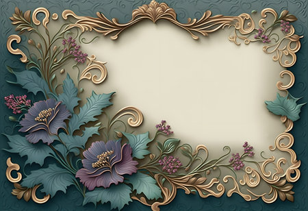 Vintage frame with floral ornament and lilac flowers. Vector illustration.の素材