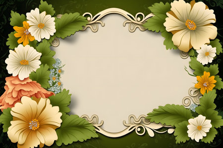 Vintage floral frame with flowers and leaves on a green background.の素材
