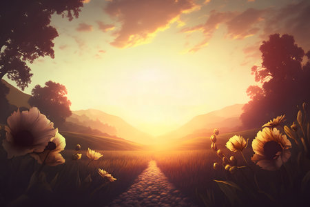 Sunset over the meadow with flowers. 3D rendering.の素材