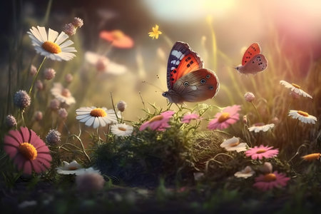 Beautiful butterflies on a meadow with daisies and grass.の素材