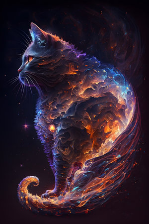 Cat with fire and smoke on a dark background. computer graphics.の素材