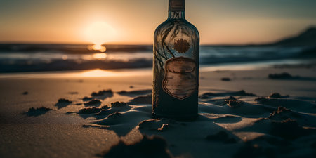 Bottle of vodka on the beach at sunset. copy space.の素材