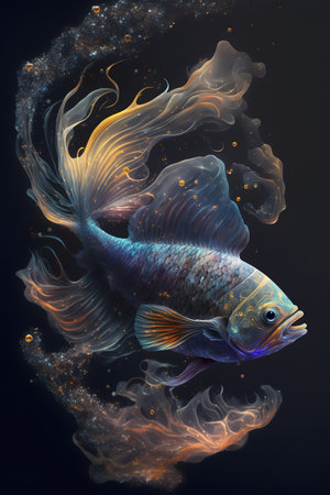 golden fish on a black background. 3d rendering, 3d illustration.の素材