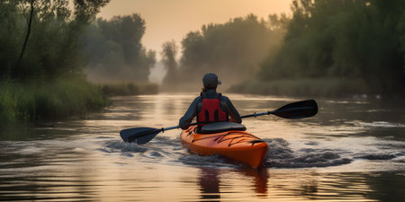 Young woman kayaking on the river at sunrise. active lifestyle.の素材
