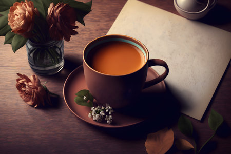 Cup of tea on a wooden table. Still life with a cup of tea, flowers and leaves.の素材