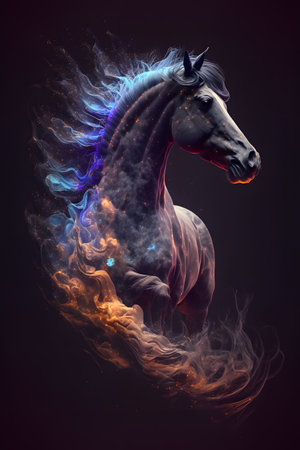 Unicorn in fire and smoke on a black background. 3d renderingの素材