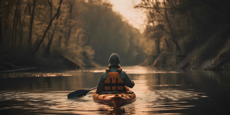Woman kayaking on the river at sunset. Concept of active lifestyleの素材