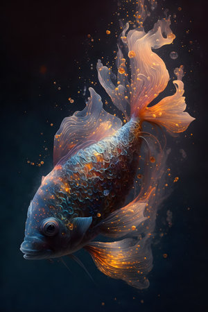 golden fish in water on a black background, 3d renderingの素材