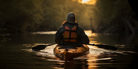 Rear view of a woman kayaking on the river at sunsetの素材