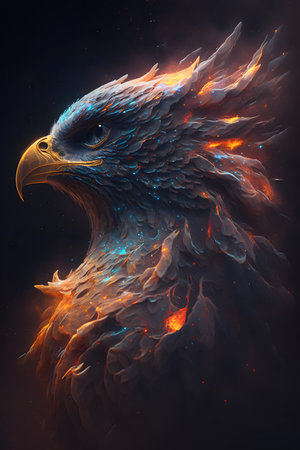 Eagle head with fire effect on dark background. 3D renderingの素材