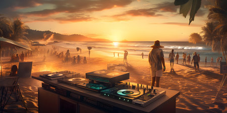DJ playing music on the beach at sunset. 3d rendering.の素材