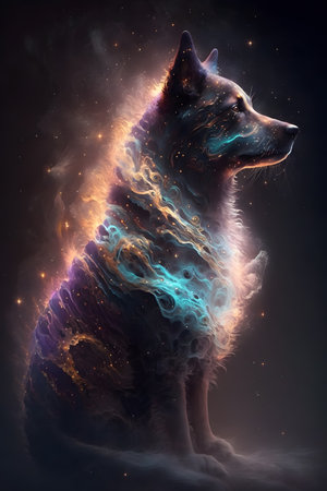 Portrait of a wolf in a cosmic space. 3D renderingの素材