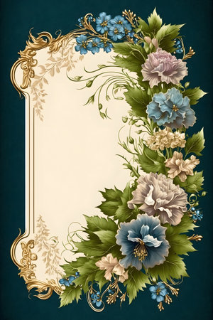 Vintage floral frame with blue flowers on green background. Vector illustration.の素材