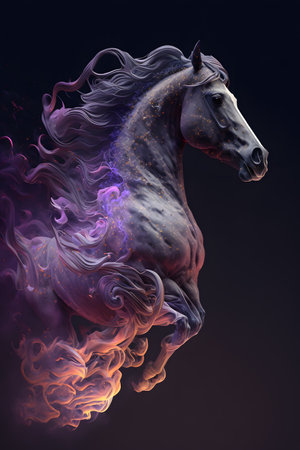 Horse in blue and purple smoke on black background. 3d renderingの素材