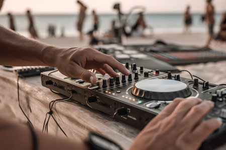 cropped view of disc jockey playing music on turntable at beachの素材