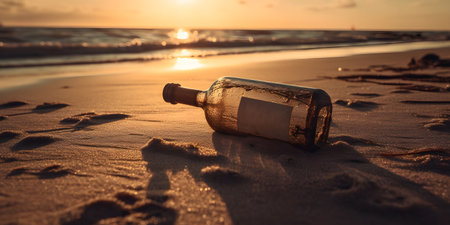 Message in a bottle on the beach at sunset. vintage styles.の素材