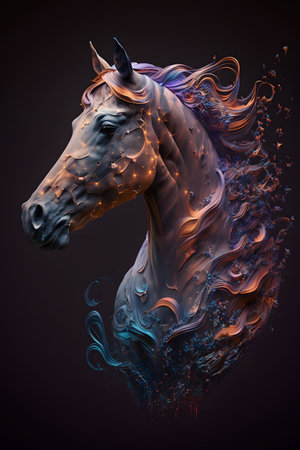 Horse head with colorful abstract paint splashes on dark background. fantasy animals.の素材