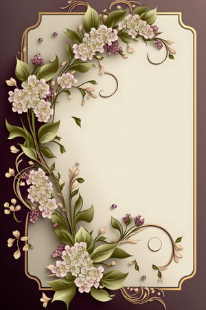 Vintage background with lilac flowers and golden frame. Vector illustration.の素材