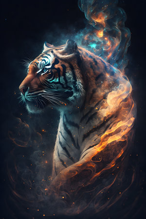 Tiger with fire and smoke on a black background. 3d renderingの素材