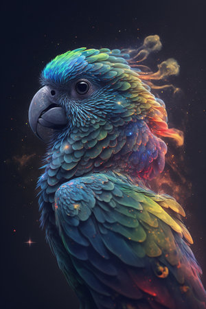 Beautiful parrot in cosmic space. 3d rendering illustration.の素材