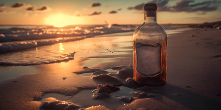 Bottle with message on the beach at sunset. vintage styles.の素材