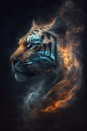 Portrait of a tiger with fire and smoke on a black backgroundの素材