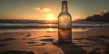 Bottle with message on the beach at sunset, vintage tone.の素材